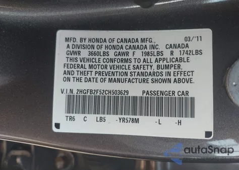 2012 Honda Civic Lx из США, поврежденный, VIN 2HGFB2F52CH503629